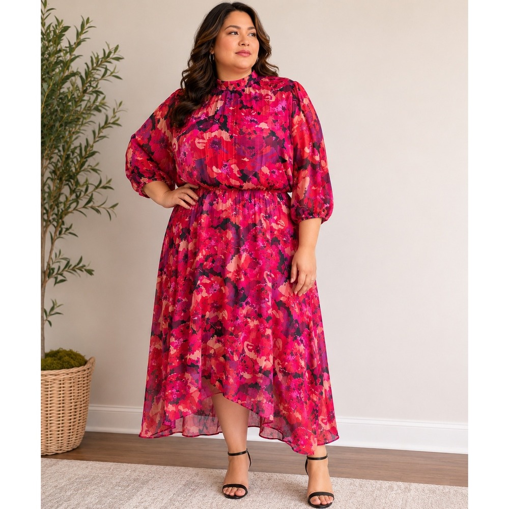 Lane Bryant Midi Dress Floral Retro Gram Colorful Party Cocktail Size 20 Boho